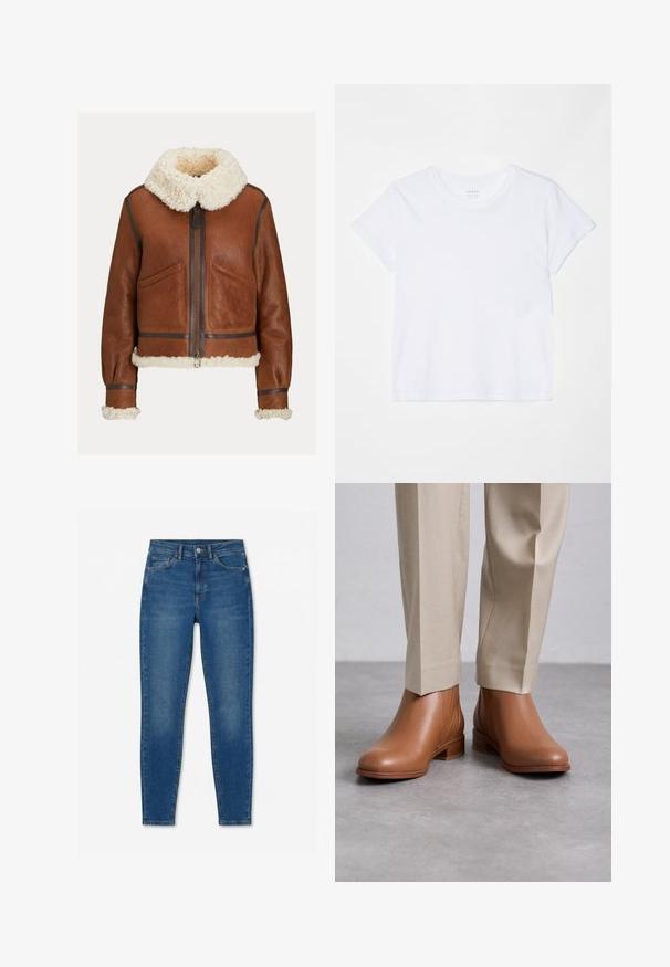 Ruskea nahkatakki, jossa on kermaisen värinen karvareunus kauluksessa, hihansuissa ja helmassa, etupuolella vetoketju ja kaksi vinossa olevaa taskua.; FRAME BABY TEE - T-paita - white; Siniset, korkeavyötäröiset, kapeat farkut, joissa on edessä nappi- ja vetoketjusuljin, vyölenkit ja viisi taskua, valkoisella taustalla.; Ruske nahkasaapad nilkkapituudella, joissa on teksturoitu pinta, pyöreä kärki ja matala pinottu korko, yhdistettyinä vaaleanbeigeihin housuihin.