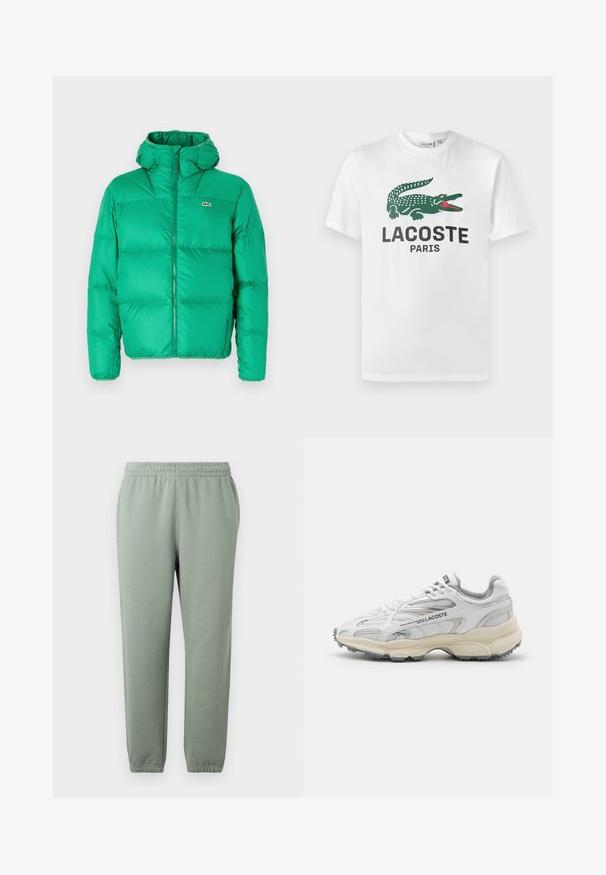 Roheline pūksjakker, millel on kapuuts, lukuga kinnitamine, quiltitud disain ja allkirja logo vasakul rinnaosal. Sile, läikiv materjal.; Lacoste Trükipildiga T-särk - white; Heledad rohelised dressipüksid, millel on elastne vöökoht, kitsenevad sääred ja mansettidega pahkluud. Valmistatud pehmest, kergest kangast.; Valged spordijalatsid hallide aktsentidega, suvijõud, nailon ja sünteetiline ülemine osa, nöörimise disain ning tekstuuriga kummist tald, millel on haardemustrid.