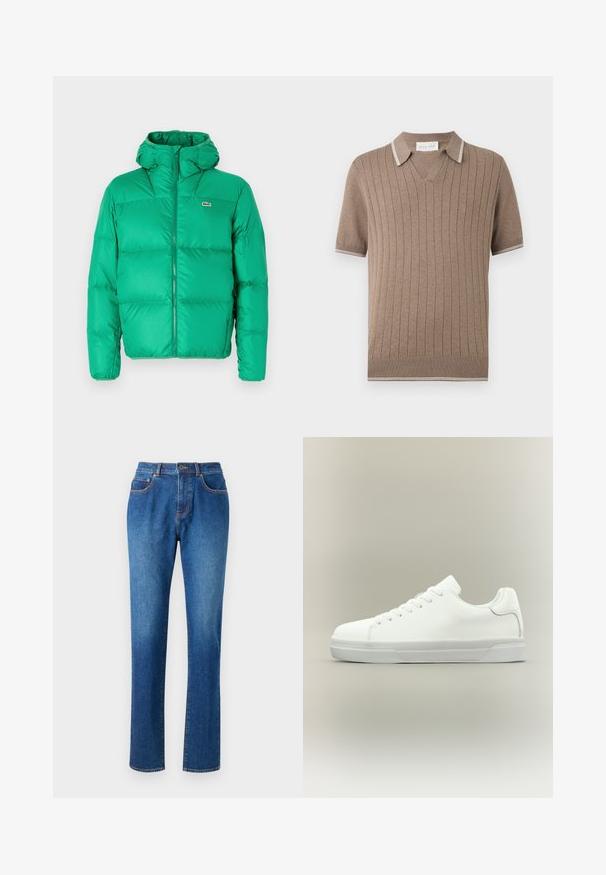Groene pufferjack met een capuchon, met een ritsluiting, gestikt ontwerp en het kenmerkende logo op de linkerborst. Glad, glanzend materiaal.; Bruin kortärmelig gebreid poloshirt met verticale ribbels, witte strepen op kraag en mouwranden, en een V-halskraag.; Blauwe denim jeans met een rechte pijp, vijf zakken, een tailleband met riemlussen en contrasterende steken langs de naden.; Witte lage sneaker met veters aan de voorkant, gevoerde kraag en gerubberde zool met textuur, zijaanzicht op een neutrale achtergrond.