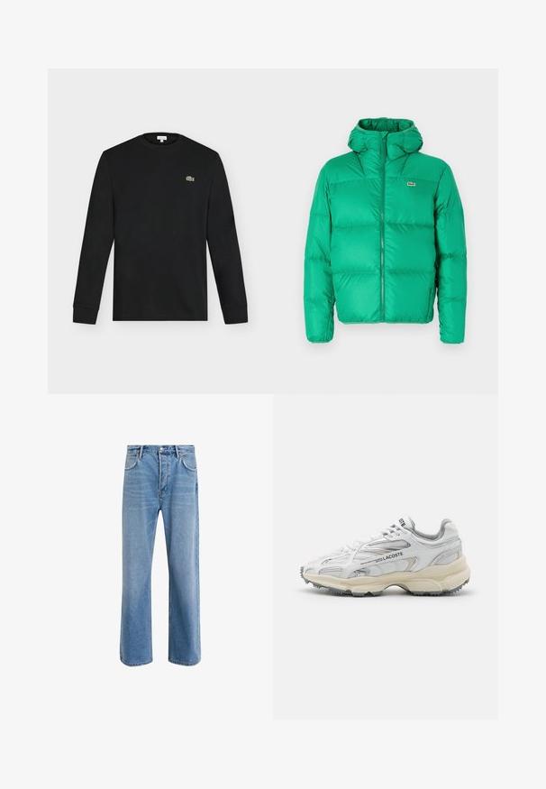 Grüne Pufferjacke mit Kapuze, ausgestattet mit einem Reißverschluss, gesteppter Optik und dem Markenzeichen auf der linken Brust. Glattes, glänzendes Material.; Schwarzes Langarmshirt mit Rundhalsausschnitt und kleinem grünen Krokodil-Logo auf der linken Brust, vor einem einfarbigen hellen Hintergrund dargestellt.; Helle blaue Jeans im Geradeschnitt-Design, mit fünf Taschen, Knopfverschluss, minimaler Ausbleichung und kontrastierenden Nähdetails.; Weiße Sportschuhe mit grauen Akzenten, Obermaterial aus Mesh und Synthetik, Schnürdesign und rutschfester Gummisohle mit Strukturmustern.