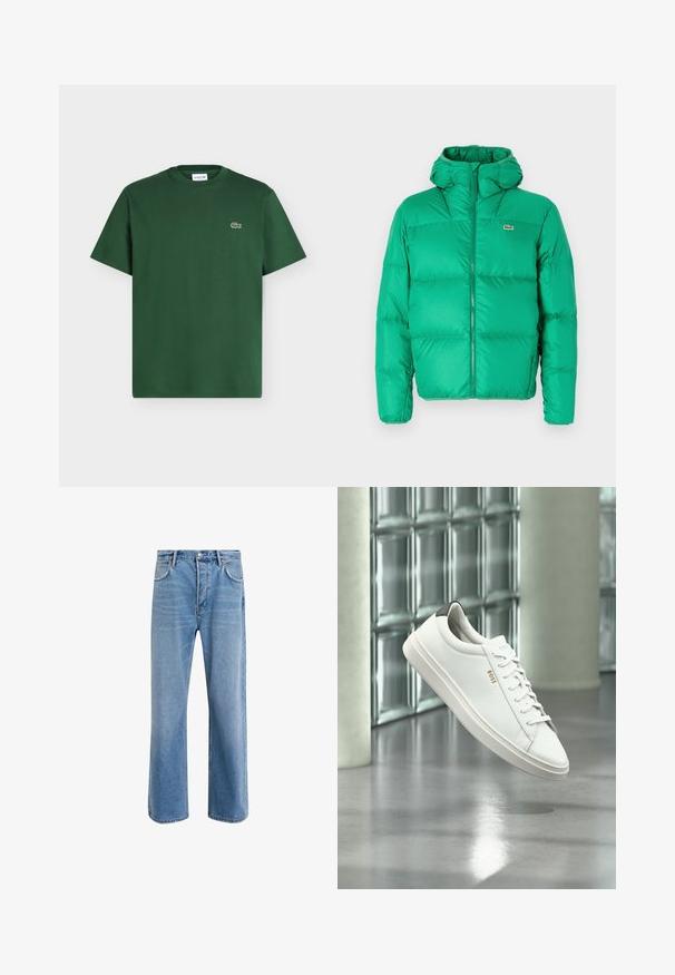 Zelená nafukovacia bunda s kapucňou, ktorá má zips, prešívaný dizajn a podpisové logo na ľavej hrudi. Hladký, lesklý materiál.; Tmavozelené bavlnené tričko s krátkym rukávom, okrúhlym výstrihom a malým logom krokodíla Lacoste na ľavej strane hrude.; Svetlo modré denimové džínsy so strihom rovného nohu, päť vreciek, zapínanie na gombík, minimálne vyblednutie a kontrastné švy.; Biela kožená teniska s nízkym strihom, šnúrkami, čiernou pätovou záložkou a logom „BOSS“, ktorá visí vo vzduchu v interiéri pri stene zo sklenených blokov a leštenej podlahe.