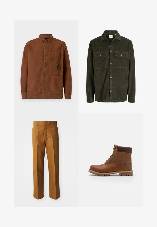Veste-chemise en velours côtelé vert foncé avec fermeture par boutons sur le devant, deux poches poitrine boutonnées, manches longues et col classique.; Veste marron en toile avec col, boutons sur le devant, deux poches plaquées à l'avant et un petit logo sur la poche inférieure.; Pantalons ajustés marron avec une texture lisse, présentant une coupe droite, des plis à l'avant et une taille standard.; Botte de randonnée en cuir marron avec une finition lisse, cheville rembourrée, œillets en métal et semelle en caoutchouc dotée d'un motif de crampons robuste.