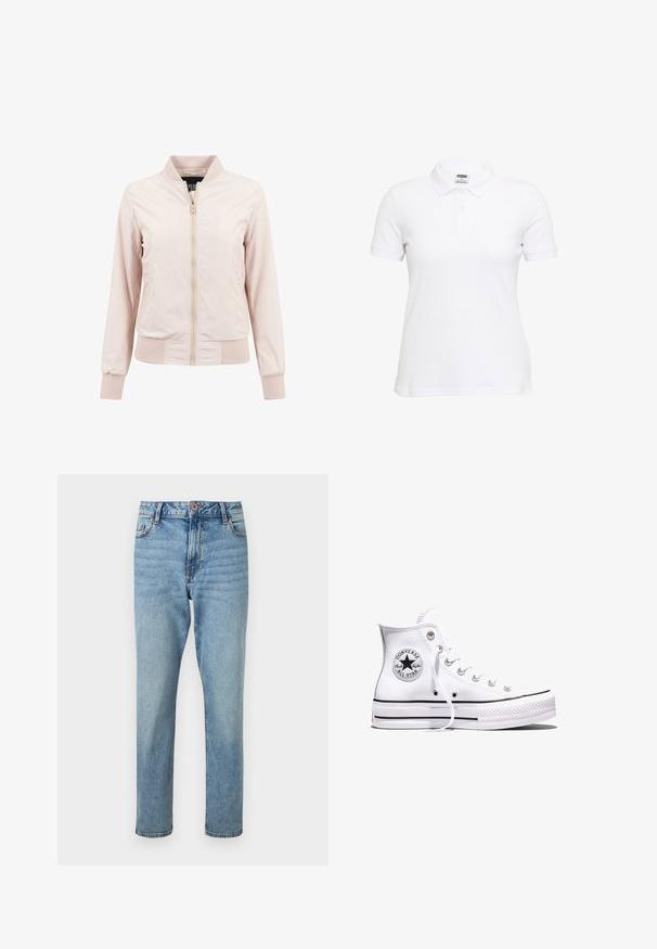 Chaqueta bomber rosa claro con cremallera frontal, cuello, puños y dobladillo acanalados, mostrada sobre un fondo blanco.; Polo de manga corta blanca hecho de algodón texturizado. Cuenta con cuello clásico y tapeta de tres botones. Corte casual con dobladillo recto.; Vaqueros azul claro de tiro alto y pierna recta con cierre frontal de botón y cremallera, bolsillos delanteros y sutiles detalles descoloridos.; Zapatilla Converse Chuck Taylor All Star blanca de caña alta con rayas negras y parche de logo en el lateral, mostrada sobre un fondo blanco liso.