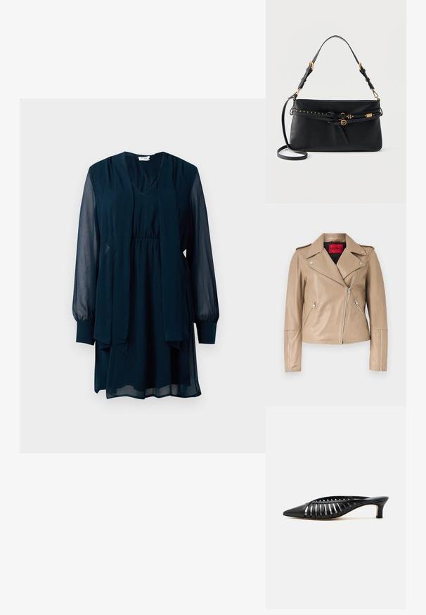 Beige nahkainen moottoripyörätakki, jossa hopeanväriset vetoketjut etutaskuissa, hihoissa ja epäsymmetrisessä etukappaleessa, leveällä kauluskäänteellä.; Navy blue pitkähihaine mekko, jossa on läpinäkyvät hihat, V-pääntie, vyötäröltä kiristetty muotoilu ja etuosassa kiinnitetty pitkä huivitietoa.; Mustaa nahkaa oleva mules-kengät terävällä kärjellä, hihna-aiheisella leikkauksella ja matalalla kitten-korolla valkoisella taustalla.; Musta nahkainen olkalaukku, jossa säädettävä hihna, koristeellinen ohut vyö, jossa kultaiset niitit, sekä pyöreä kultainen logokoriste.