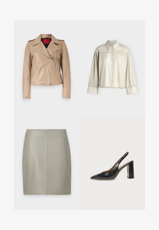 Veste de motard en cuir beige avec fermetures éclair argentées sur les poches avant, les manches et la fermeture avant asymétrique, dotée d'un large col à revers.; Blouse beige à manches longues avec larges poignets, boutonnage devant, col pointu et détails froncés aux épaules, présentée sur un fond uni.; Jupe en cuir beige longueur genou avec une coupe droite et une couture verticale centrale, présentée sur un fond blanc.; Chaussure slingback en cuir noir à bout pointu avec un talon bloc haut et une doublure intérieure beige sur un fond clair uni.