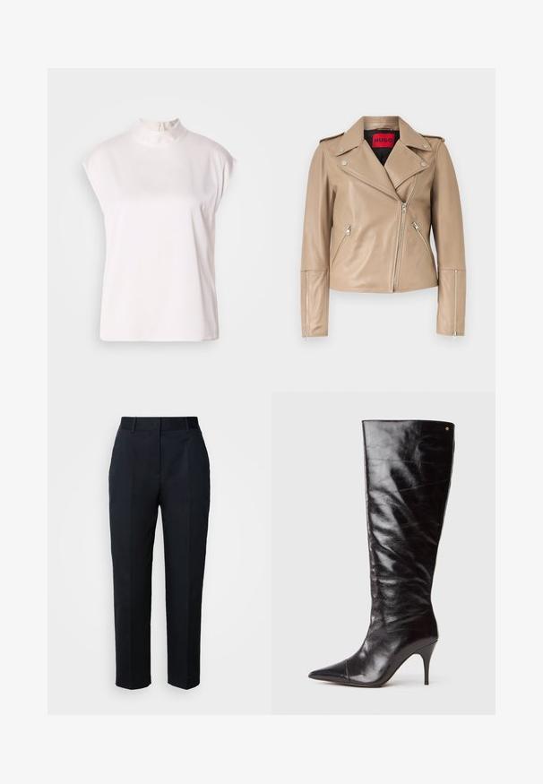 Veste de motard en cuir beige avec fermetures éclair argentées sur les poches avant, les manches et la fermeture avant asymétrique, dotée d'un large col à revers.; Blouse blanche sans manches avec un col haut et une fermeture éclair au dos, dotée d'un tissu doux et lisse et d'une coupe décontractée. Pas de motifs ni d'accents.; Pantalon bleu marine sur mesure avec passants de ceinture, plis devant et coupe droite, présenté sur un fond blanc.; Botte haute en cuir noir avec talon aiguille, à bout pointu et légèrement froissée sur le tige, présentée en profil sur fond blanc.