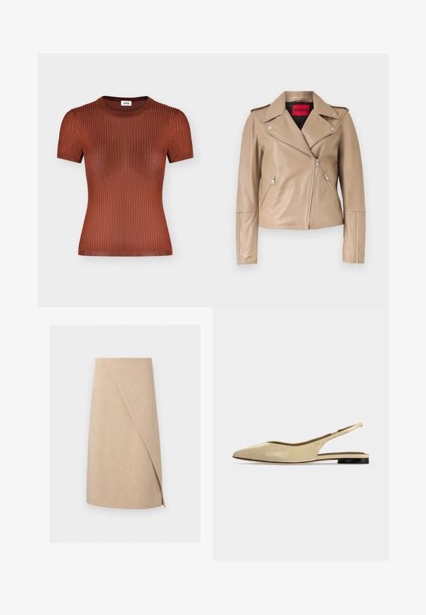 Veste de motard en cuir beige avec fermetures éclair argentées sur les poches avant, les manches et la fermeture avant asymétrique, dotée d'un large col à revers.; Haut en maille côtelée à manches courtes couleur rouille marron avec un col rond, une silhouette ajustée et des détails de texture subtils.; Jupe portefeuille beige longueur genou avec un tissu subtilement texturé et un détail de superposition asymétrique à l'avant.; Chaussure plate beige à bout pointu avec bride arrière, petit talon noir et finition en cuir lisse, vue de côté sur un fond uni.