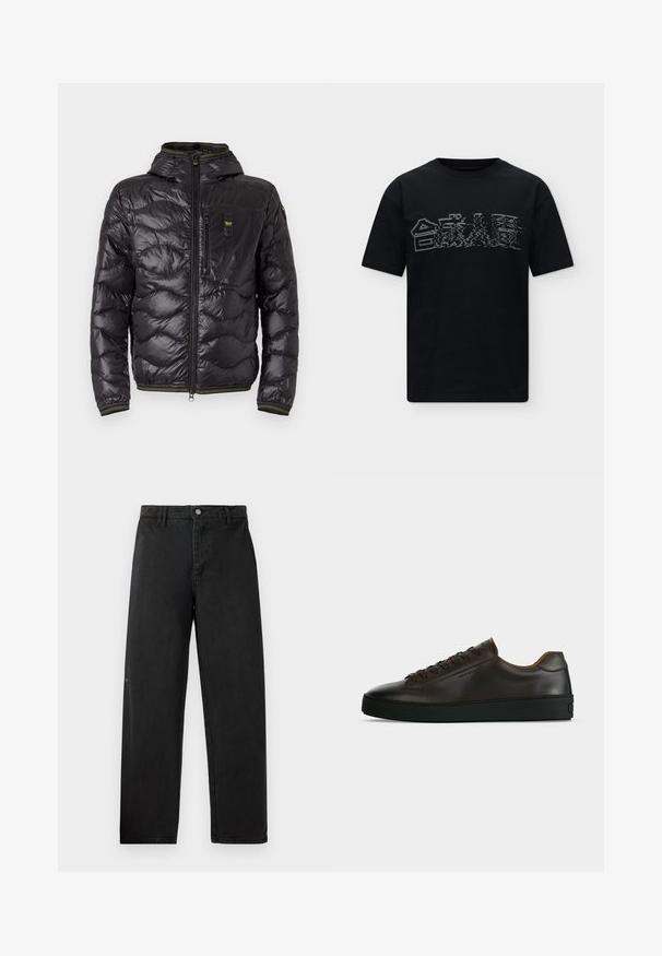 Doudoune matelassée noire avec capuche, fermeture éclair à l'avant, poche zippée sur la poitrine, et poignets élastiques avec des accents de couture jaune subtils.; T-shirt noir à manches courtes avec un graphisme blanc style glitch représentant des maisons sur la poitrine, sur fond uni.; Pantalons en denim noir à coupe droite, avec une fermeture à bouton à l'avant et une couture discrète. Texture lisse et branding minimal.; Baskets basses en cuir marron foncé avec semelle en caoutchouc noire, lacets à l'avant et design minimaliste épuré sur fond clair.