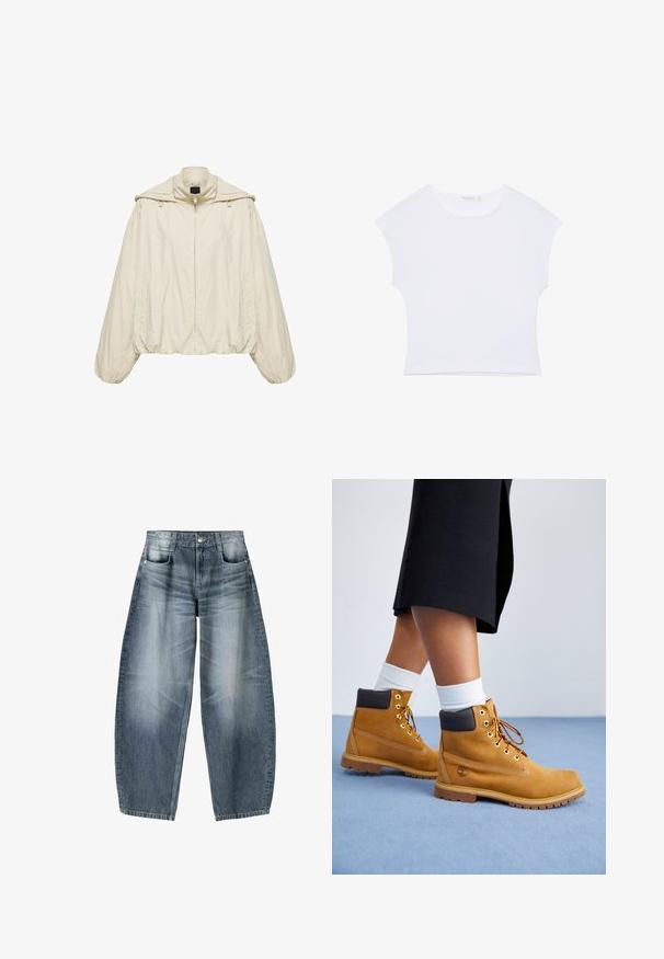 Beige lichtgewicht jas met elastische manchetten en zoom, rits aan de voorkant, hoge kraag en een gedrapeerd stofdetail over de schouders.; Witte cropped T-shirt met korte mouwen en een ronde hals, gemaakt van gladde stof, plat neergelegd op een witte achtergrond.; Wijd gesneden jeans van lichtblauwe denim met vervaging, met een vijf-pocket ontwerp, knoopsluiting en minimale stikdetails.; Tan suède enkellaarsjes met bruine leren accenten, gouden oogjes en een getextureerde zool. Witte sokken zichtbaar boven de laarsjes.