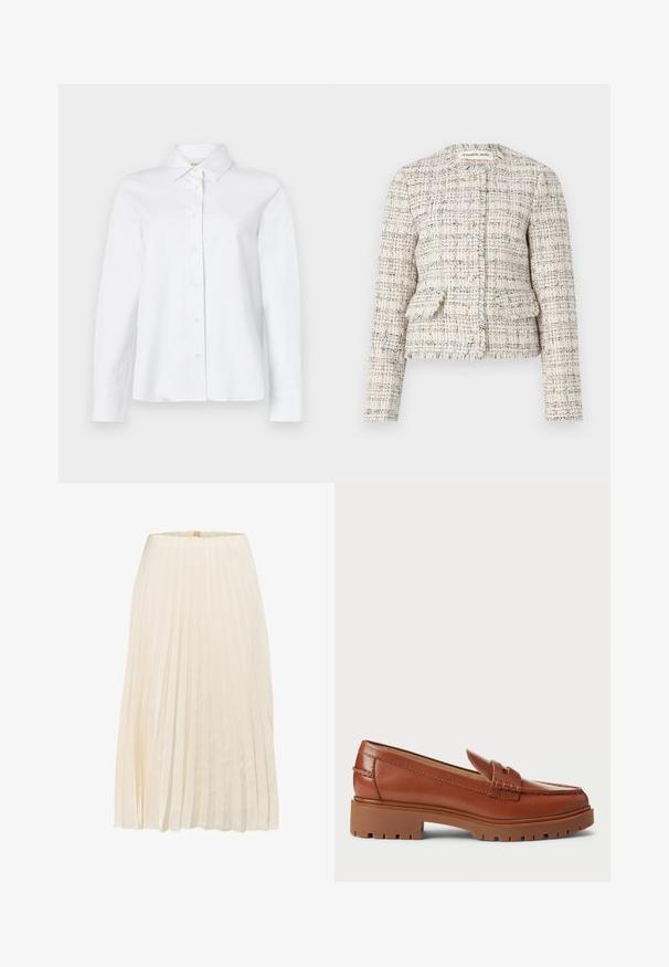 Crème en zwarte getextureerde tweed blazer met een ronde hals, knoopsluiting en twee voorkeurs. Gescheurde randen en slim fit ontwerp.; CLOSED CLASSIC SHIRT WITH STRAP DETAIL - Overhemdblouse - white; Plissérrok in crèmekleurige stof, met verticale plooien en een gladde textuur, met een middenlange vorm en een eenvoudige tailleband.; Bruine leren instappers met een moccasin teenontwerp, zichtbare stiksels en een chunky, gestructureerde rubberen zool. Accenten van goudkleurig beslag.