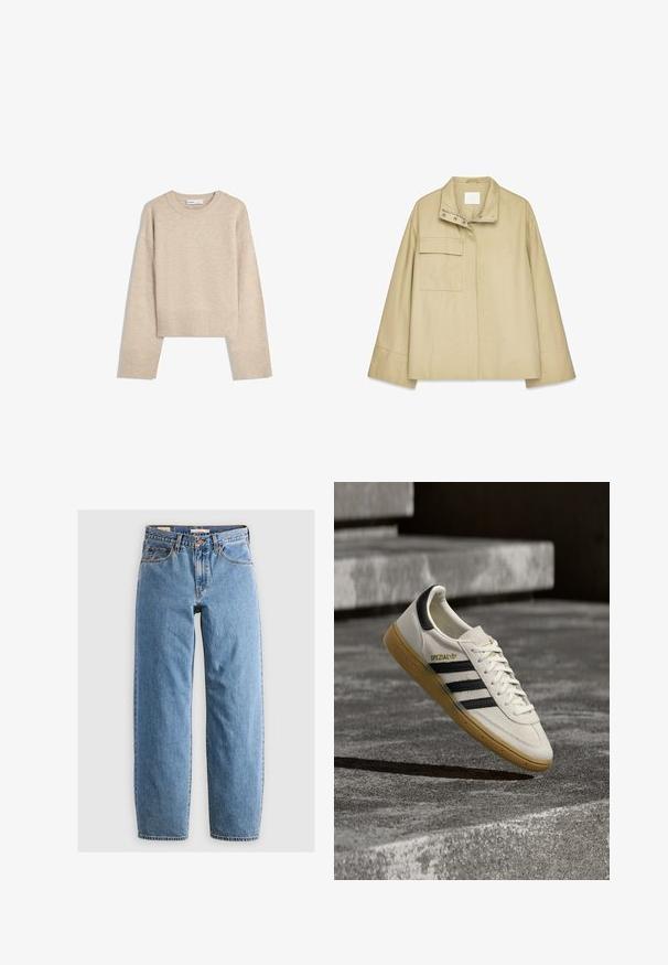 Beige jakke lavet af glat stof, med høj krave, frontlynlås og en brystlomme. Enkel design med en let løs pasform.; Beige cropped sweater lavet af blød strik. Har rund halsudskæring, lange ærmer samt ribbede manchetter og kant for ekstra tekstur.; Lysblå denim jeans med lige ben-design, fem lommer, lynlås og en subtil falmet tekstur. Klassisk stil med minimal hardware.; Hvid Adidas Spezial sneaker med sorte striber og gummisål, svævende over grå stentrin udendørs.