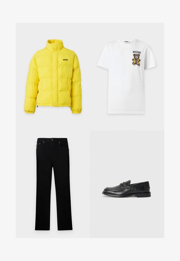Doudoune jaune vif avec col haut, poignets élastiques et logo MOSCHINO noir sur la partie supérieure gauche de la poitrine, fermeture éclair frontale cachée sous une patte.; T-shirt blanc à manches courtes avec un petit ours en peluche marron tenant un mètre ruban jaune et le texte "MOSCHINO" sur le haut gauche de la poitrine.; Jean noir droit avec cinq poches, fermeture par bouton et passants pour ceinture, présenté sur un fond blanc uni.; Des mocassins en cuir noir présentent un bout arrondi, des détails cousus et un petit accent doré à l'avant. La semelle est plate et discrète.