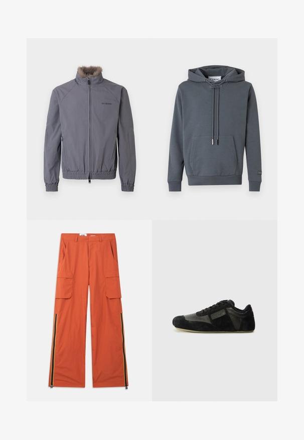 Veste grise zippée avec col en fausse fourrure, poignets et ourlet élastiqués. Présente un motif de coutures en diagonale et un logo sur le côté gauche.; Sweat à capuche gris foncé avec poche kangourou sur le devant, cordons réglables et étiquette "ICEBERG" sur le col et la manche.; Pantalon cargo orange avec deux poches latérales et un design à jambes larges. Caractérisé par des rayures verticales en bleu, jaune et rouge le long des coutures.; Baskets noires en suède et cuir. Présentent un profile bas, un bout arrondi, un design à lacets et des accents texturés. Les semelles ont une texture antidérapante.