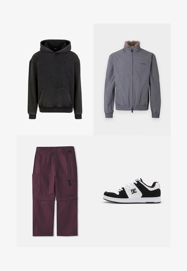 Sivá bunda na zips so zvrásneným golierom z umelého kožušiny, elastickými manžetami a lemom. Disponuje diagonálnym švovým dizajnom a logom na ľavej strane.; Urban Classics Mikina s kapucňou - magnet; Burgundské cargo konvertibilné nohavice s bočnou zipsovou vreckou a logom Timberland na pravej nohe, zobrazený predĺžený vnútorný šev.; Čierno-biele tenisky s kombináciou kožených a semišových materiálov, s perforovanou špičkou, textúrovanými akcentmi a detailom loga.