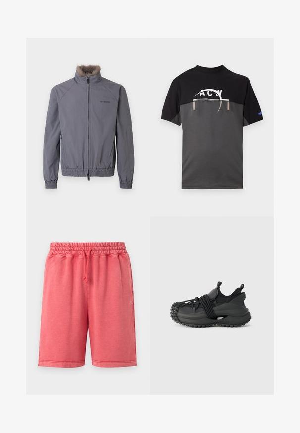 Veste grise zippée avec col en fausse fourrure, poignets et ourlet élastiqués. Présente un motif de coutures en diagonale et un logo sur le côté gauche.; T-shirt noir et gris à manches courtes avec un logo graphique blanc sur la poitrine et une petite étiquette bleue sur la manche droite.; Shorts décontractés rose corail avec taille élastique et cordon ajustable, deux poches latérales et petit logo blanc sur la jambe droite.; Emporio Armani Baskets basses - black