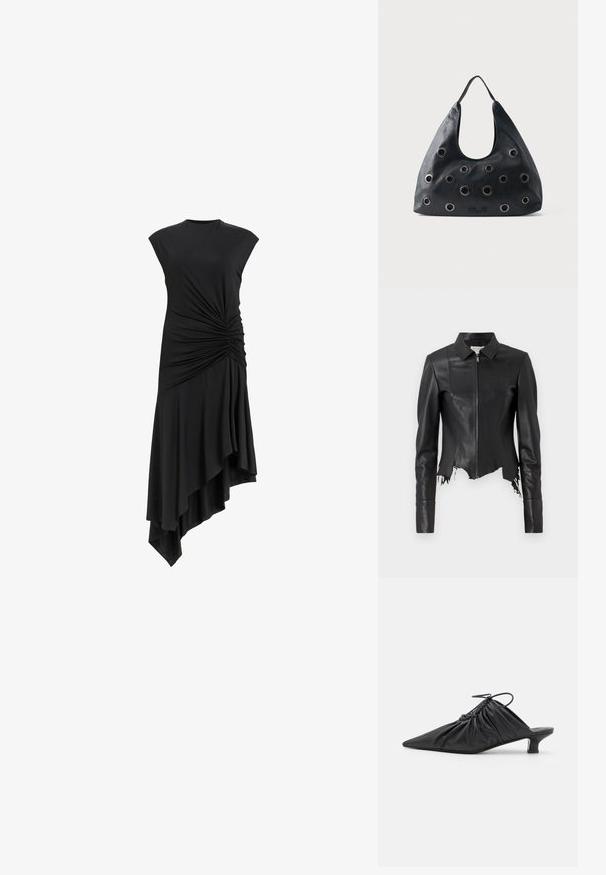 Schwarze, kurze Lederjacke mit Kragen, Reißverschluss vorne und einer Brusttasche; verfügt über einen ausgefransten Saum und Nahtdetails. Glatte Textur.; Schwarzes ärmelloses Kleid mit gerafften Details an der Seite, ausgestattet mit einem asymmetrischen Saum, der elegant fällt. Weiche Stofftextur.; Schwarze Leder-Mules zum Hineinschlüpfen mit spitzer Zehe, geraffter Textur und kleinem Kitten-Heel. Verfügt über ein Zugbanddetail am Öffnung.; Schwarze Leder-Schultertasche mit großen, gleichmäßig über die Vorderseite verteilten runden Metallösen und einem einzelnen Tragegriff.