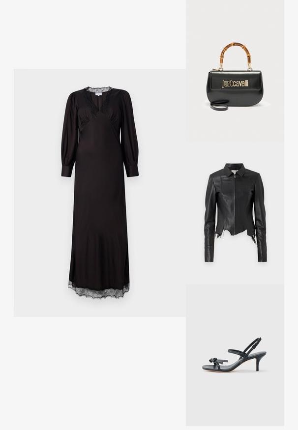 Schwarze, kurze Lederjacke mit Kragen, Reißverschluss vorne und einer Brusttasche; verfügt über einen ausgefransten Saum und Nahtdetails. Glatte Textur.; Schwarzes langärmliges Kleid aus glattem Stoff mit einem mit Spitze besetzten Ausschnitt und Saum, in einer dezenten A-Linie und mit seitlichen Schlitzen.; Schwarze Leder-Sandale mit Absatz, dünnen Riemen, einer kleinen Schleifendekoration am Zehenbereich und einem verstellbaren Knöchelriemen mit Schnalle.; Schwarze Lederhandtasche mit goldenem "Just Cavalli"-Logo auf der Vorderseite und gebogenem Bambusgriff, ausgestattet mit einem abnehmbaren langen Riemen.