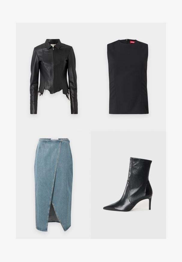 Veste en cuir noire courte avec un col, fermeture éclair à l'avant et une poche poitrine unique ; présente un ourlet effiloché et des détails de couture. Texture lisse.; Top noir sans manches avec un col haut, des pinces sur le devant et une fermeture éclair invisible au dos. Fabriqué en tissu lisse avec une coupe structurée.; Jupe en denim bleu clair avec un design enveloppant, présentant des coutures visibles, une fente avant et une taille ajustée.; Bottes noires à la cheville en cuir lisse, dotées d'un bout pointu, d'un tige ajustée et d'un talon haut fin. Design minimaliste sans quincaillerie visible.