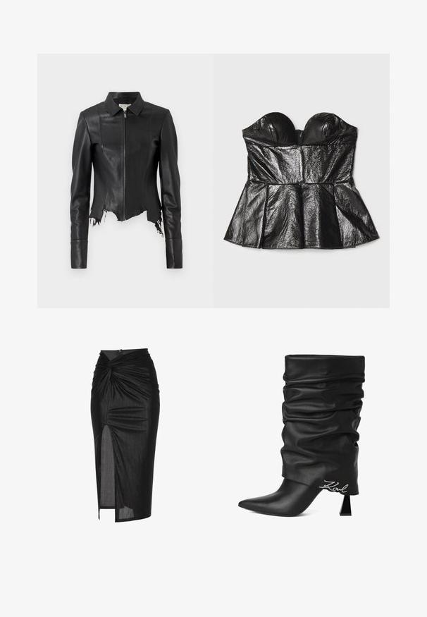 Sort cropped læderjakke med krave, lynlås foran og en enkelt brystlomme; har frynset kant og sømdetaljer. Glat tekstur.; Sara Battaglia SWEETHEART - Top - black; Sort midi nederdel lavet af strækbart stof, med et snoet frontdesign, sideslids og lynlåslukning bagpå.; Sort slasket læderstøvle med høje hæle, spids tå og sølvfarvet "Karl" logo nær hælen på hvid baggrund.