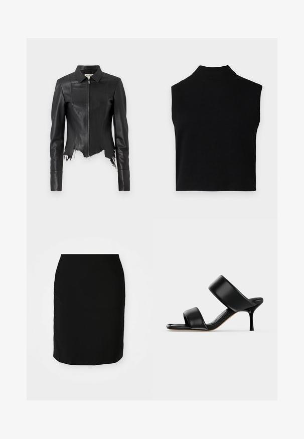 Veste en cuir noire courte avec un col, fermeture éclair à l'avant et une poche poitrine unique ; présente un ourlet effiloché et des détails de couture. Texture lisse.; Haut noir sans manches avec col roulé, au design ajusté, fabriqué en tissu doux, avec un col côtelé et une texture lisse.; Jupe crayon noire avec une texture lisse, de forme droite, et un ourlet à hauteur des genoux. Aucun motif ni détail matériel visible.; Sandale mule en cuir noir avec deux larges brides et un talon stiletto fin de hauteur moyenne sur un fond clair uni.