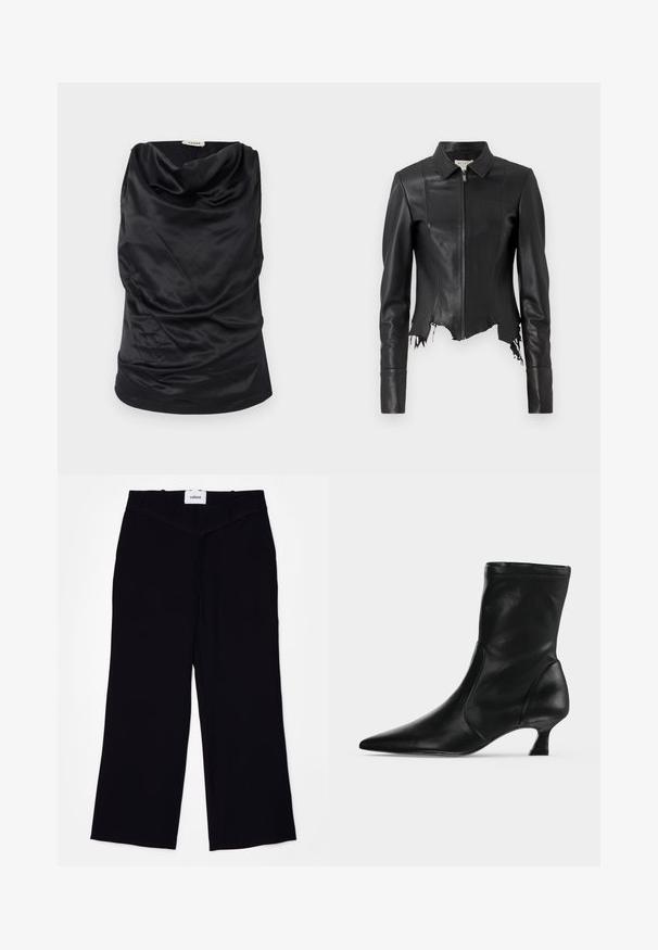 Chaqueta de cuero negra recortada con cuello, cierre frontal de cremallera y un bolsillo en el pecho; presenta un dobladillo deshilachado y detalles en las costuras. Textura suave.; Top negro con cuello vuelto, hecho de una tela suave, con un diseño drapeado, textura blanda y una silueta ajustada. Acabado sin costuras en el dobladillo.; Pantalones de pierna ancha negros, confeccionados con una tela suave. Presentan una cinturilla plana con pasadores para cinturón y un acabado limpio en los dobladillos.; Bota negra de cuero hasta media pantorrilla con puntera puntiaguda y tacón bajo tipo kitten, vista de lado sobre un fondo claro y liso.