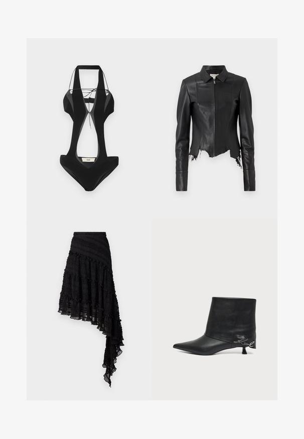 Veste en cuir noire courte avec un col, fermeture éclair à l'avant et une poche poitrine unique ; présente un ourlet effiloché et des détails de couture. Texture lisse.; Maillot de bain noir avec des découpes sur les côtés, des bretelles larges et un décolleté en V. Fabriqué en tissu lisse, il présente une étiquette de marque au dos.; Jupe asymétrique noire avec des plis texturés, des volants superposés et une taille smockée. Tissu léger avec une finition transparente.; Bottine en cuir noir avec bout pointu, petit talon kitten et détail écrit argenté près du talon.