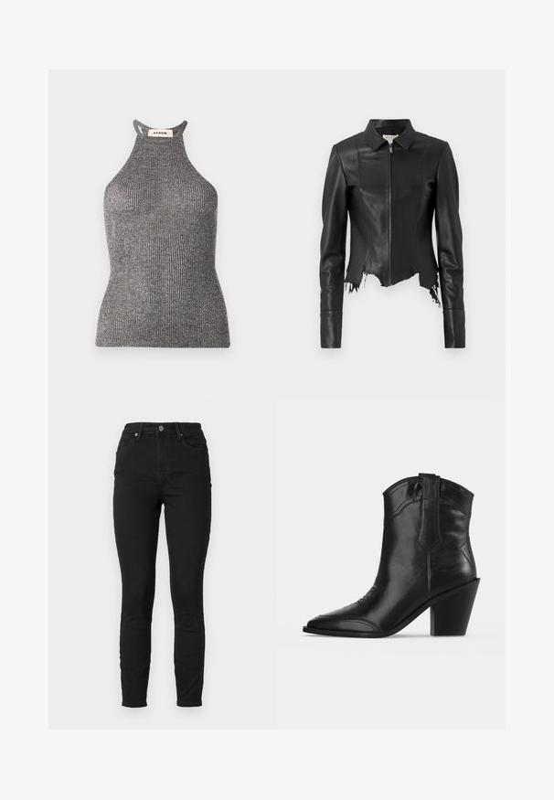 Veste en cuir noire courte avec un col, fermeture éclair à l'avant et une poche poitrine unique ; présente un ourlet effiloché et des détails de couture. Texture lisse.; Top halter gris en textile côtelé, présentant une silhouette ajustée et un col montant avec des côtés ouverts. Étiquette de la marque visible au niveau du cou.; Jean skinny noir en denim à taille haute, avec poches avant, fermeture à bouton et couture discrète sur les coutures.; Bottine noire en cuir avec bout pointu, coutures décoratives, languette de tirage et talon bloc épais sur fond clair uni.