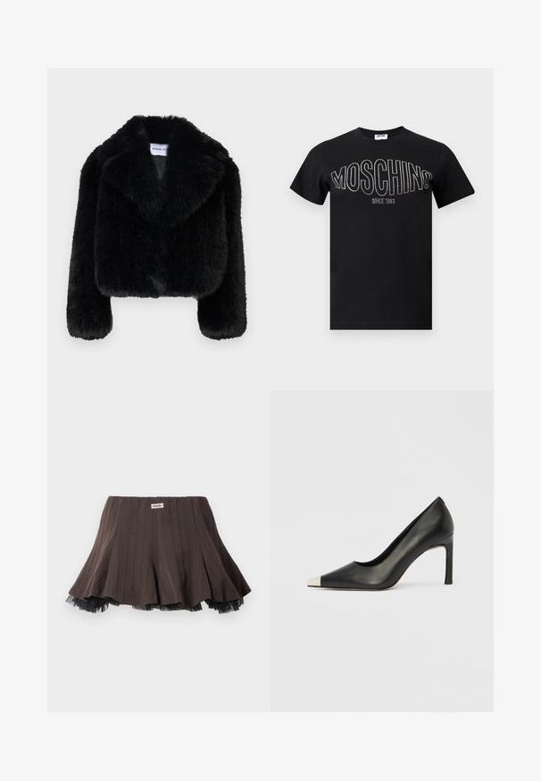 Veste courte en fausse fourrure noire avec col à revers, manches longues et finition douce et texturée. Étiquette avec "STAND ST."; T-shirt en coton noir avec un col rond et des manches courtes. "MOSCHINO" en strass sur la poitrine, avec "SINCE 1983" en dessous.; Jupe plissée marron en tissu texturé, avec un ourlet en tulle noir superposé et une petite étiquette de logo à la taille.; Chaussure à talon haut en cuir noir avec bout pointu et capuchon argenté métallique. Présente une finition lisse et un talon fin de 10 cm.
