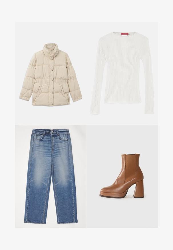 Beige padded jacket featuring a high collar, snap button closure, elastic waistband, and two side pockets. Smooth texture with quilted design.; White ribbed knit long-sleeve top with a round neckline and side slits. Features a smooth texture and a fitted silhouette. Brand label shown.; Blue denim jeans with a relaxed fit, faded front, five pockets, and a button closure. Features a silver button and contrasting stitching.; Castañer BIMBA - High heeled ankle boots - caramelo