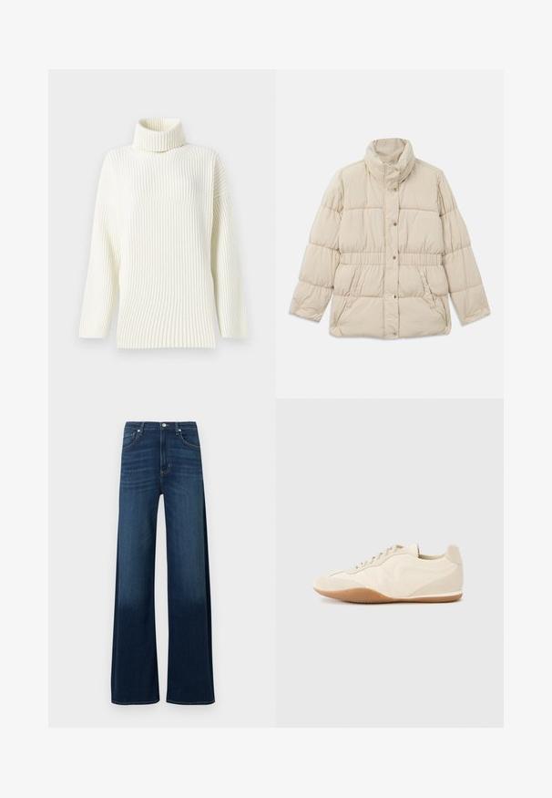 Beige gewatteerde jas met een hoge kraag, drukknopen, elastische tailleband en twee zijzakken. Zachte textuur met een gestikt ontwerp.; Crème-kleurige geribbelde turtleneck trui met lange mouwen en een relaxte pasvorm. Zachte textuur en naadloos ontwerp verhogen het comfort.; Wijde jeans in donkerblauwe spijkerstof. Heeft een hoge taille, vijf zakken, subtiele kreuklijnen en stikselaccenten langs de naden.; Lichtbeige sneakers met een textuur van leer op het bovenwerk, getextureerde zijpanelen en een rubberen zool. Voorzien van een slank, gestroomlijnd ontwerp en platte veters.