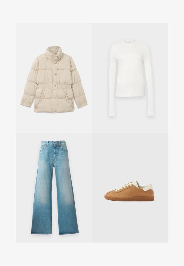 Chaqueta acolchada beige con cuello alto, cierre de botones a presión, cinturilla elástica y dos bolsillos laterales. Textura suave con diseño acolchado.; Camiseta blanca de manga larga hecha de algodón suave. Presenta un escote redondo, silueta ajustada y textura suave. Sin patrones ni acentos.; Jeans de mezclilla de tiro alto en denim azul claro, con piernas anchas, diseño de cinco bolsillos y un ligero desvanecimiento a lo largo de los muslos. Detalles de herrajes en color cobre.; Zapatilla deportiva de cuero marrón con cierre de cordones en crema, acabado texturizado y un acento blanco en el talón con detalles de tachuelas. Suela de goma.