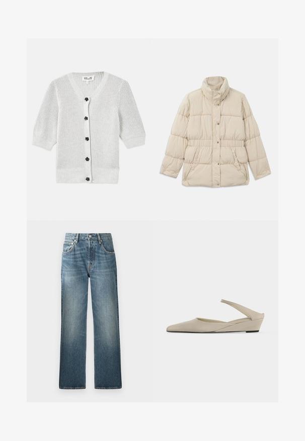 Beige polstret jakke med høj krave, trykknaplukning, elastisk talje og to sidelommer. Glat tekstur med quiltet design.; Grå strikket cardigan med V-hals, trekvartærmer, tekstureret stof og sorte blomsterknapper foran.; Blå denim jeans med et lige ben-design, der har en høj talje, fem lommer og en let falmet, tekstureret finish.; Beige lav kilehæl slingback sko med spids tå og glat mat finish, vist i sideprofil på hvid baggrund.