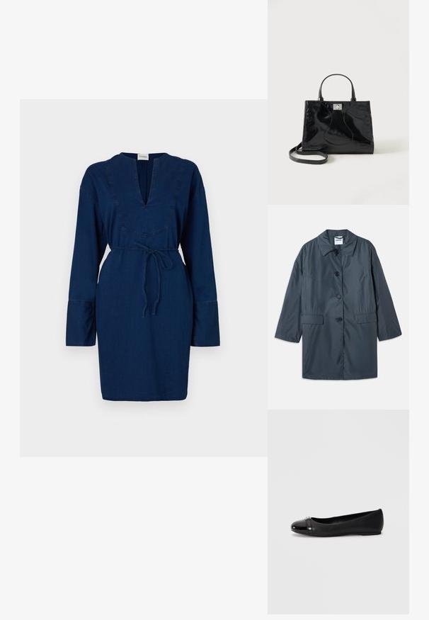 Manteau léger gris foncé avec un col, quatre boutons sur le devant et des poches latérales. Tissu doux et coupe décontractée avec épaules tombantes.; Robe en denim bleu marine à manches longues, décolleté en V et taille à cordon. Présente des détails de couture le long du décolleté et des manches.; Chaussure plate noire à bout rond, avec un cap glossy en vernis et un corps en cuir texturé, accentuée par un petit détail métallique.; Sac à main en cuir verni noir avec poignées arrondies, bandoulière détachable et fermeture à boucle argentée sur fond blanc uni.