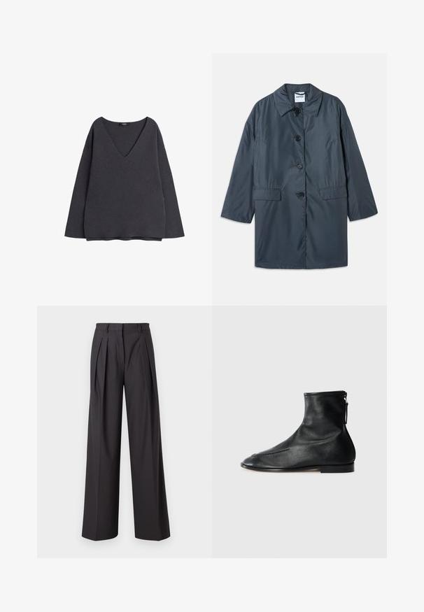 Manteau léger gris foncé avec un col, quatre boutons sur le devant et des poches latérales. Tissu doux et coupe décontractée avec épaules tombantes.; Sweatshirt gris foncé avec un décolleté en V profond, des manches longues et une coupe décontractée. Fabriqué en tissu doux avec une texture lisse et sans motifs visibles.; Pantalons à jambe large en tissu gris anthracite, avec des plis sur le devant, une texture lisse, une taille mi-haute et des passants de ceinture.; Bottines en cuir noir avec un design à bout pointu, texture lisse et une fermeture éclair sur le côté pour un enfilage facile. Talon bas, style minimaliste.