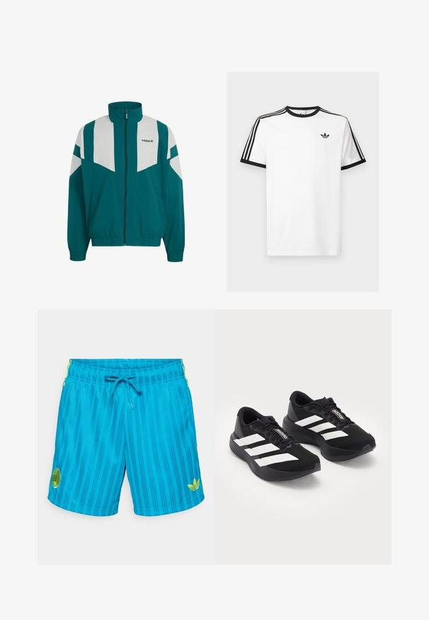 Τζάκετ Adidas σε τιρκουάζ και λευκό με φερμουάρ, ψηλό γιακά, ελαστικά μανίκια και τελείωμα, και το λογότυπο Adidas στο αριστερό στήθος.; Λευκό βαμβακερό t-shirt με μαύρο ριγωτό λαιμό και μανίκια, διαθέτει τρεις μαύρες ρίγες σε κάθε ώμο και ένα μικρό λογότυπο στο στήθος.; Μπλε ριγέ μαγιό βερμούδα με κορδόνι στη μέση, με κίτρινες λεπτομέρειες και ετικέτα με λογότυπο στην αριστερή πλευρά. Ομαλή, ελαφριά υφή.; Ζευγάρι μαύρα αθλητικά παπούτσια με λευκές ρίγες και λογότυπο "Adizero" στα κορδόνια, παρουσιασμένα σε απλό ανοιχτό φόντο.