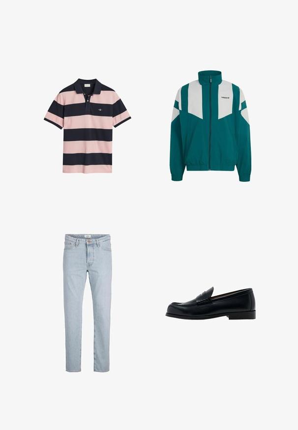 Turkooise en witte Adidas trainingsjas met rits, hoge kraag, elastische manchetten en zoom, en Adidas-logo op de linkerborst.; Polo shirt met marineblauw en lichtroze horizontale strepen, kraag, knopsluiting met twee knopen en een klein geborduurd logo op de borst.; Lichtblauwe denim jeans met een rechte snit, uitgerust met een knoopsluiting aan de voorkant, vijf zakken en een subtiele vervaagde textuur.; Zwarte leren loafer met een ronde neus en decoratief stiksel. Voorzien van een lage hak en een gladde afwerking. Eenvoudig, klassiek ontwerp.