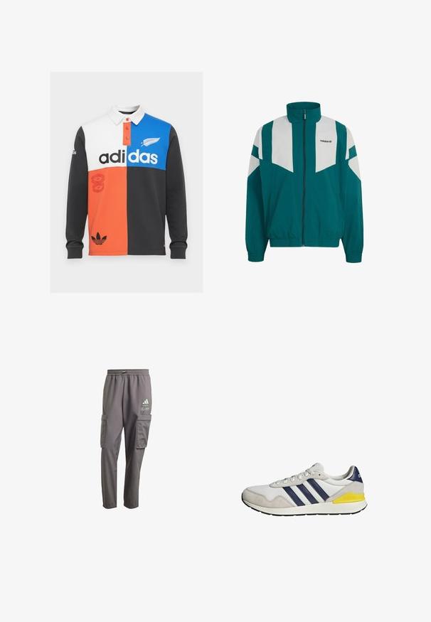 Türkis-weiße Adidas Trainingsjacke mit Reißverschluss, hohem Kragen, elastischen Bündchen und Saum sowie Adidas-Logo auf der linken Brust.; Langärmliges Polohemd mit Farbblockierung in Schwarz, Weiß, Orange und Blau, mit Kragen, Knopfleiste und auffälligem Adidas-Logo.; Grau Cargo-Hosen aus leichtem Material mit einem Kordelzugbund, ausgestattet mit zwei seitlichen Taschen und Logo-Akzenten.; Weißer und grauer Adidas-Sneaker mit marineblauen Streifen und einem gelben Akzent an der Ferse, seitlich auf weißem Hintergrund dargestellt.