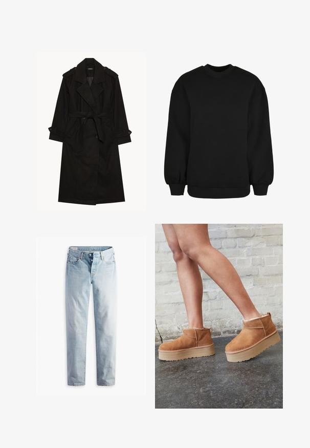 Schwarzer trenchcoat, Wollmischgewebe, doppelreihiges Design, breite Revers, taillierter Gürtel, Schulterepauletten und geknöpfte Manschetten.; Schwarzer Sweatshirt mit Rundhalsausschnitt, langen Ärmeln mit elastischen Bündchen und geripptem Saum. Hergestellt aus weichem, strukturiertem Stoff.; Hellblaue Jeans aus Denim mit geradem Bein, fünf Taschen und Metallknöpfen am Standardbund.; Braune Wildleder-Stiefeletten mit einem weichen Futter, dicker beige Plateau-Sohle und einer Zuglasche auf der Rückseite. Strukturiert Oberfläche mit sichtbaren Nähdetails.