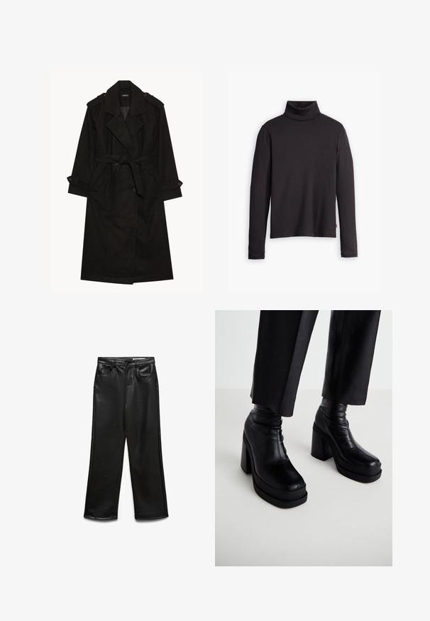 Abrigo negro, tejido de mezcla de lana, diseño de doble botonadura, solapas anchas, cintura con cinturón, epaulettes en los hombros y puños abotonados.; Jersey de cuello alto negro con textura acanalada, de mangas largas y diseño ajustado. Textura suave, ligero estiramiento y una etiqueta en el lado inferior.; Pantalones de pierna ancha de cuero sintético negro con bolsillos frontales, trabillas para cinturón y un brillo sutil. Textura suave y ajuste entallado.; Botas de plataformas negras de cuero con un alto tacón de bloque y una textura suave. Presentan detalles de costura y un diseño de parte superior ajustada.