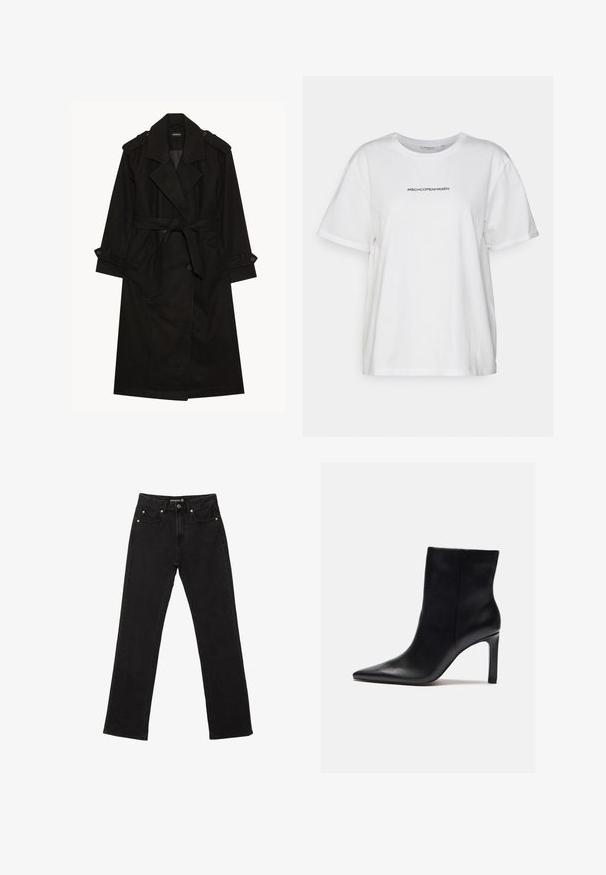 Sort trenchcoat, uldblanding, dobbeltradet design, brede revers, bælte i taljen, skulderepaulettes og knappede manchetter.; Hvid bomulds t-shirt med rund halsudskæring og korte ærmer. Har "MSCHCOPENHAGEN" trykt i sort hen over brystet.; Sorte denim jeans med lige ben, fem lommer og diskrete kobbernitter. Lavet af slidstærkt bomuldsstof.; Zign Højhælede støvletter - black