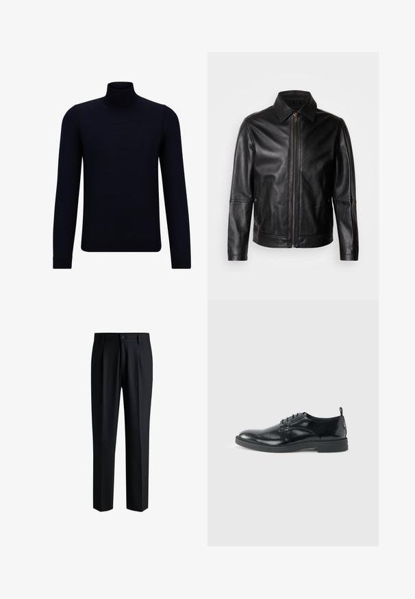 Chaqueta de cuero negro con cuello puntiagudo, cierre frontal con cremallera y bolsillos laterales. Presenta una textura suave y un ajuste entallado.; Suéter de cuello alto de un oscuro color navy, hecho de un tejido de punto fino, con mangas largas y un escote alto ajustado. Sin patrones ni acentos visibles.; Pantalones negros de tela suave, con un diseño de pierna recta, pliegues en la parte delantera y cierre de botón con trabillas para cinturón.; Zapato de vestir negro de cuero brillante con tacón bajo, cierre de cordones y puntera redonda, mostrado de lado sobre un fondo claro y liso.