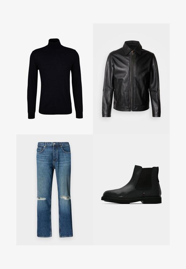Veste en cuir noire avec col pointu, fermeture éclair frontale et poches latérales. Présente une texture lisse et une coupe ajustée.; Pull en laine noire avec un tricot lisse. Doté de manches longues, d'un col ajusté et de bords côtelés aux poignets et à l'ourlet pour un ajustement snug.; Jean en denim bleu à jambe droite avec des déchirures usées sur les deux genoux, fermeture à boutons sur le devant et design à cinq poches.; Botte Chelsea noire en cuir avec des panneaux latéraux élastiques, un bout rond et une tige texturée. Elle est dotée d'une semelle en caoutchouc plate et d'un détail de branding subtil.