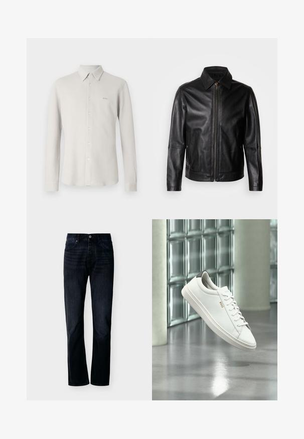Veste en cuir noire avec col pointu, fermeture éclair frontale et poches latérales. Présente une texture lisse et une coupe ajustée.; Chemise gris clair boutonnée avec un tissu texturé, col et manches longues ; présente un logo "BOSS" subtil sur la poitrine.; Jean droit couleur indigo foncé avec fermeture avant à boutons et zip, passants pour ceinture et design à cinq poches, présenté sur un fond clair uni.; Baskets basses en cuir blanc avec lacets, languette de talon noire et logo « BOSS », flottant à l'intérieur près d'un mur en blocs de verre et d'un sol poli.