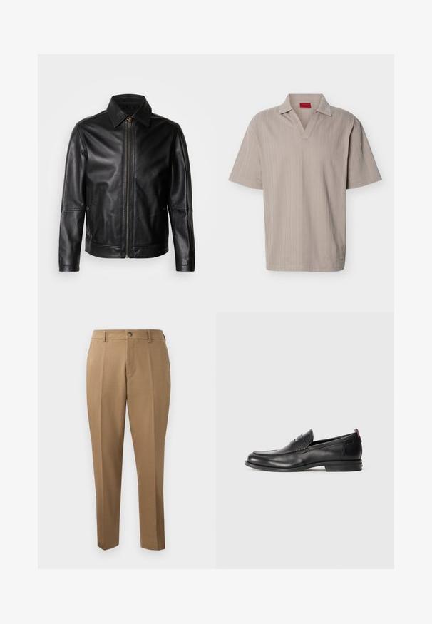 Chaqueta de cuero negro con cuello puntiagudo, cierre frontal con cremallera y bolsillos laterales. Presenta una textura suave y un ajuste entallado.; Polo de punto beige de manga corta con un patrón de rayas verticales texturizadas y cuello en V abierto.; Pantalones marrones a medida con corte recto, pinzas simples, trabillas para cinturón y cierre frontal con botón. Tela suave con una textura mate.; Mocasines de cuero negro con punta redondeada, detalles de costura y un pequeño acento rojo en el talón. Suela de goma de perfil bajo.