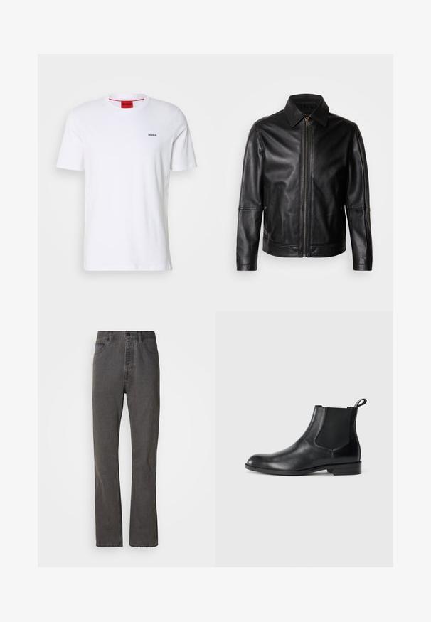 Chaqueta de cuero negro con cuello puntiagudo, cierre frontal con cremallera y bolsillos laterales. Presenta una textura suave y un ajuste entallado.; Camiseta de algodón blanca de mangas cortas, con un escote redondo y pequeño logo negro "HUGO" en el lado izquierdo del pecho. Presenta una etiqueta en el cuello interior de color rojo.; Vaqueros de mezclilla gris con un diseño de pierna recta, que cuentan con bolsillos frontales, un cierre de botón y una textura sutil.; Botín negro de cuero hasta el tobillo con paneles elásticos a los lados, punta redondeada y lengüeta. Textura suave, suela plana, diseño minimalista.