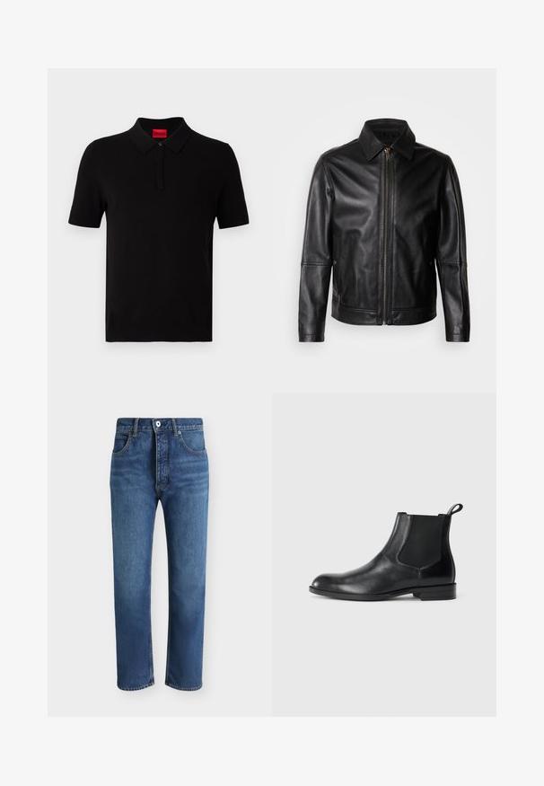 Chaqueta de cuero negro con cuello puntiagudo, cierre frontal con cremallera y bolsillos laterales. Presenta una textura suave y un ajuste entallado.; Camisa polo negra hecha de algodón suave. Presenta un cuello clásico, mangas cortas y una etiqueta roja en el escote. Sin patrones ni adornos.; Vaqueros de mezclilla azul de pernera recta con cierre frontal de botón y cremallera, bolsillos delanteros y trabillas para cinturón sobre un fondo liso.; Botín negro de cuero hasta el tobillo con paneles elásticos a los lados, punta redondeada y lengüeta. Textura suave, suela plana, diseño minimalista.