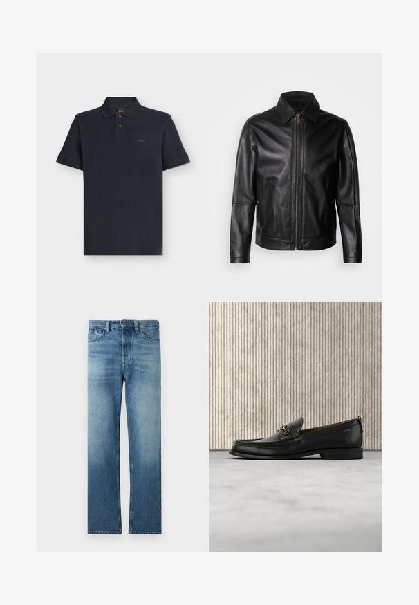 Chaqueta de cuero negro con cuello puntiagudo, cierre frontal con cremallera y bolsillos laterales. Presenta una textura suave y un ajuste entallado.; Polo azul marino de manga corta con tapeta de dos botones y logo sutil "BOSS" en el pecho izquierdo.; Vaqueros azul medio de pierna recta con un ligero desgaste y diseño clásico de cinco bolsillos, cierre de botones y trabillas para cinturón.; Mocasín de cuero negro con pieza metálica dorada y logotipo "HUGO", exhibido sobre una alfombra beige y muebles translúcidos marrones.