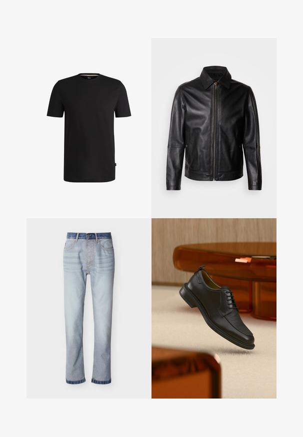 Veste en cuir noire avec col pointu, fermeture éclair frontale et poches latérales. Présente une texture lisse et une coupe ajustée.; T-shirt noir à manches courtes en coton lisse avec un col rond. Présente une étiquette de marque discrète sur le côté gauche près de l'ourlet.; Jean denim bleu clair avec une ceinture bleu foncé, coupe droite, cinq poches et détails de couture visibles.; Chaussure habillée noire en cuir à lacets avec devant texturé, flottant au-dessus d'un tapis beige dans une pièce moderne avec des meubles teintés d'ambre.