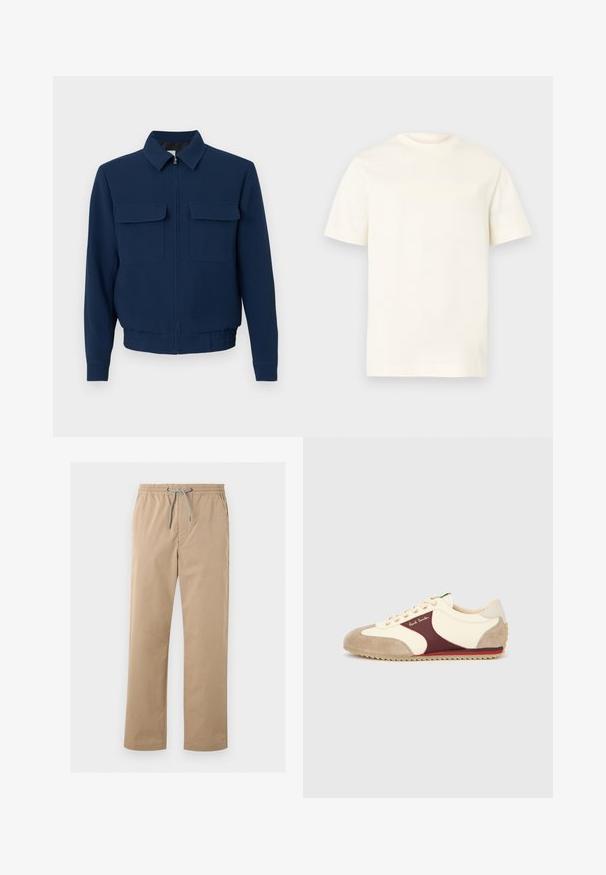 Veste zippée bleu marine avec col, deux poches à rabat sur le devant, manches longues et taille élastique sur un fond uni.; T-shirt à manches courtes de couleur crème, fabriqué en tissu doux. Présente un logo texturé sur la poitrine. Col rond standard.; Pantalon décontracté beige pour homme avec ceinture élastique et cordon gris, coupe droite, poches avant et latérales.; Baskets sportives avec une tige en tissu écru, un accent en daim bordeaux, un embout beige et une semelle en caoutchouc texturée avec un motif en zigzag.