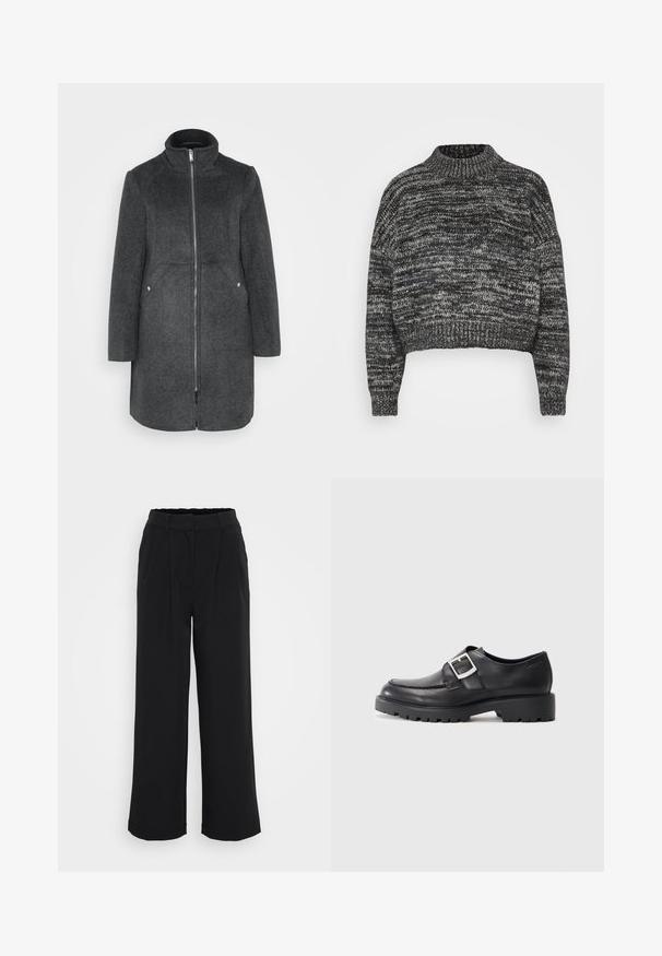 Manteau en mélange de laine gris foncé avec col montant, fermeture éclair à l'avant et deux poches latérales avec accents en argent. Silhouette droite, longueur genou.; Vero Moda Petite VMDAIMA - Pullover - black/birch/silver; Pantalons larges noirs en tissu lisse, avec un devant plissé, une taille élastique et sans poches ni éléments métalliques visibles.; Chaussures en cuir noir avec un bout arrondi, présentant un détail de boucle sur le côté et une semelle épaisse et robuste. Texture lisse avec peu de coutures.